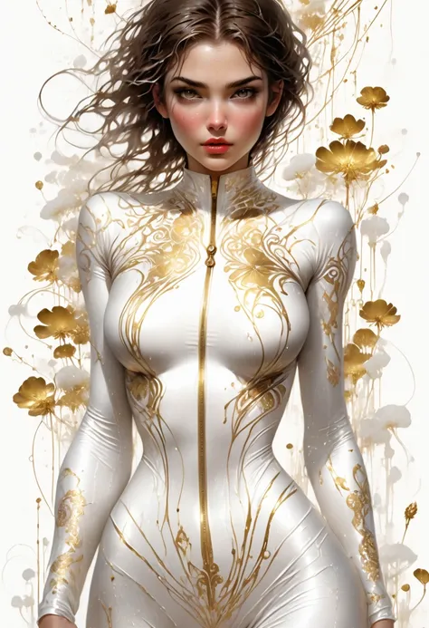 A beautiful young woman, body in (((body dressed in tight-fitting wet white clothes with gold patterns, narrow waist, ))), holding a dandelion in her hands, dandelion seeds scatter over this volume, high detail, Harrison Fisher image style, big eyes, big p...