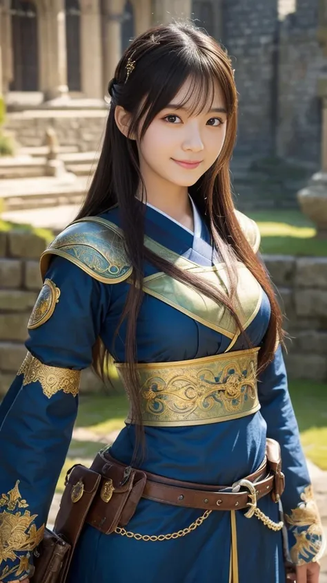 a 20 years old japanese girl,detailed cutie face, beautiful detailed eyes, detailed dropped eyes, left and right eyes are equal,beautiful charming big smile, extremely detailed face,slender body,dragonquest sage,fantasy,medieval,magic,medieval fantasy,fant...