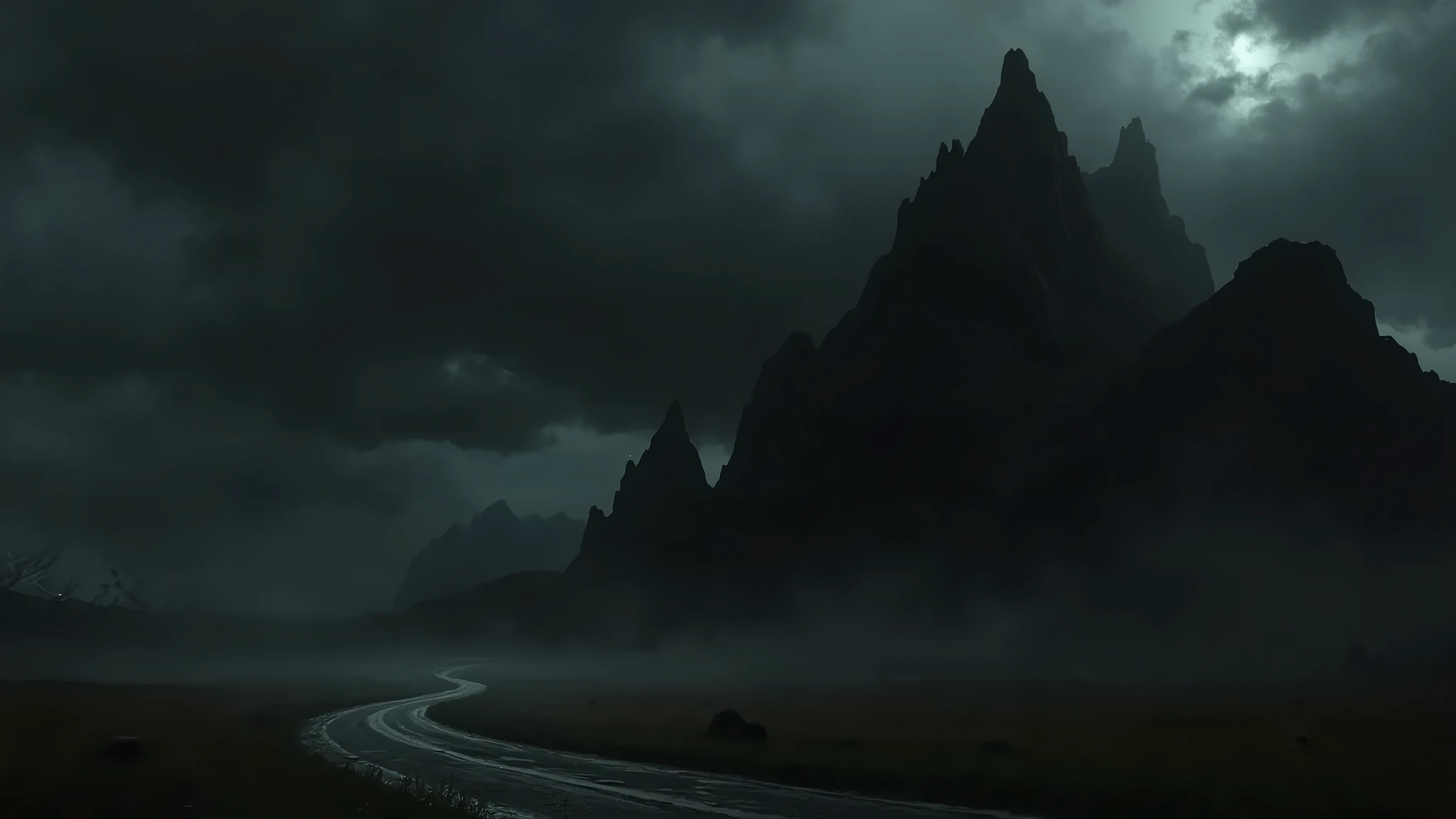 storm, Dark clouds gathering in the sky, storm, In a foggy road, surrounded by fog, stone mountains on the horizon