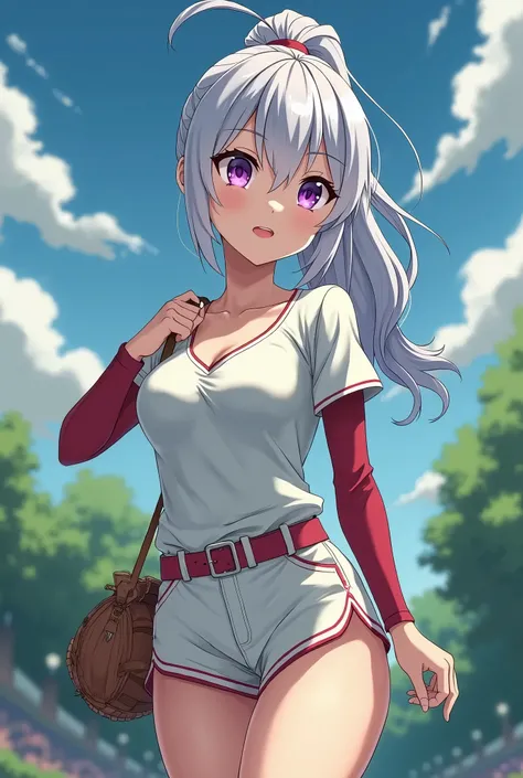 HD、Animation style、white hair 、Purple Eyes、girl、plump breasts 、High school student 、single ponytail、Baseball player、Light color short sleeve top、Long sleeve red underwear、Good shape、Thin、sash、Sky、cloud、sunny、Navel exposed、dazzler、Breasts exposed、ninja suit...