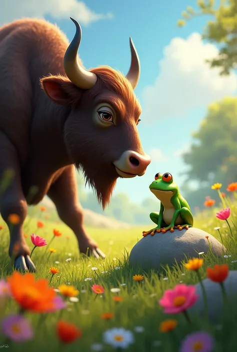 Picture a vibrant scene in a sunlit meadow. In the foreground, a large, majestic bull stands with a powerful stance, its strong muscles rippling beneath a sleek coat. Its deep-set eyes are locked onto a tiny, bright green frog sitting defiantly on a smooth...