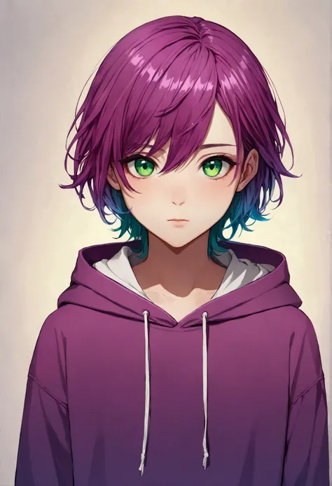 (best quality:1.4), highres, masterpiece,, 1person,, short medium hair, flat chested, green eyes, magenta to purple gradient hair,, detailed face, androgynous, gender neutral, hoodie, facing forward
