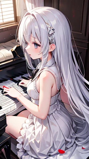 Girl moving her fingers on the piano keys。She is wearing a white dress with a black ribbon..、Her hair is long and golden。Musical notes and petals dance around her、Her expression is serious and cute.。Her performance is beautiful and moving..、Motivate your a...