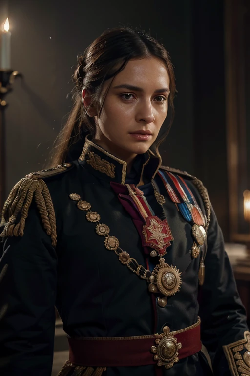 a military commander in a napoleonic era uniform, highly detailed, detailed brass buttons, detailed epaulettes, detailed medals, detailed embroidery, dramatic lighting, photorealistic, 8K, award-winning CGI, cinematic composition, chiaroscuro lighting, dra...