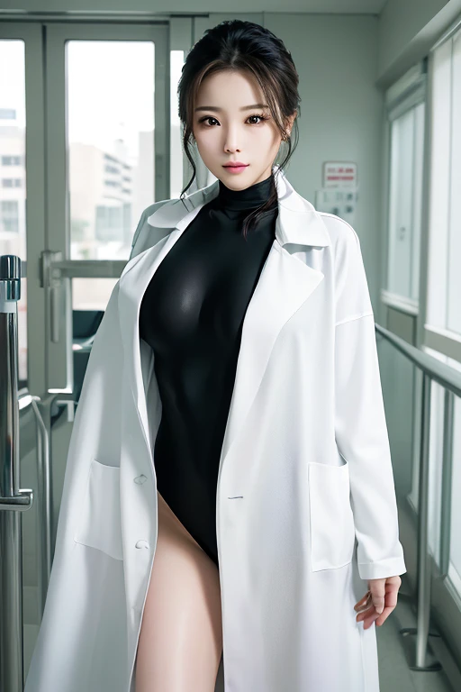 Realistic beautiful doctor、Stunningly beautiful、Doctor in white coat, layered、(Best Quality、8k、32K、masterpiece、NFFSW:1.3)、Ultra-high resolution,(Realistic:1.4),RAW Photos, Detailed face,,Beautiful Hair, ((Doctor Style))、(full body focus) 、(((She is wearing...