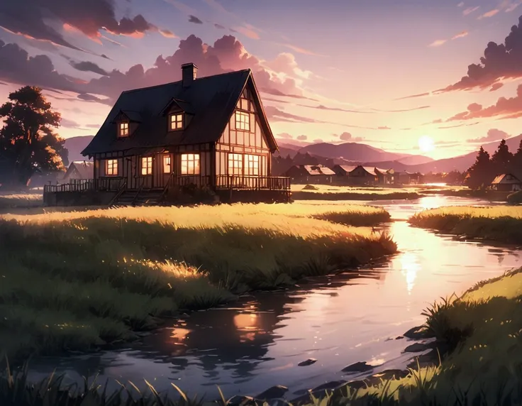 A beautiful sunset landscape with a river and a grassy field and a house in the background