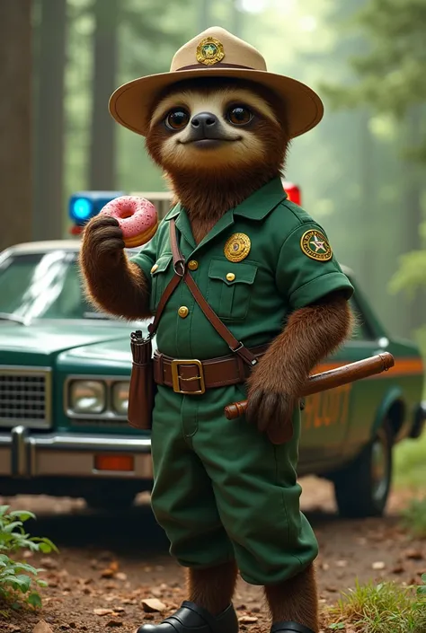 “An anthropomorphic bigger sloth dressed in the iconic green uniform of a United States forest ranger, standing confidently in the foreground. The sloth is holding a donut in one hand and a baton in the other, with a playful yet authoritative stance. The f...