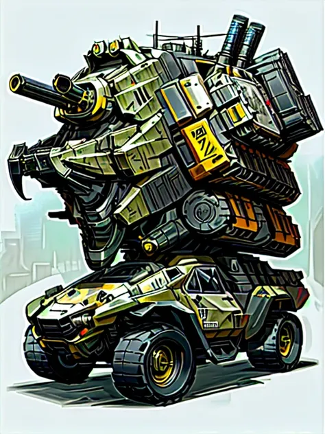 Dizerpunk, Behind him is an Araf cargo truck. (weapons, cannon, Destructive, missile, Submachine gun), Concept Art：Alexander Kobzdej, DeviantArt, 自己Destructive芸術, Packed with alien military equipment, 終末weaponsとmissileを搭載した軍用輸送プラットフォーム, Mad Max Style, poli...