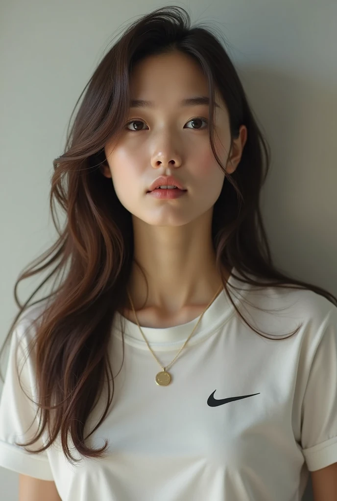 One girl, Thirty-something mother wearing Nike t-shirt, woman with brown hair and long hair, Japanese woman wearing a necklace