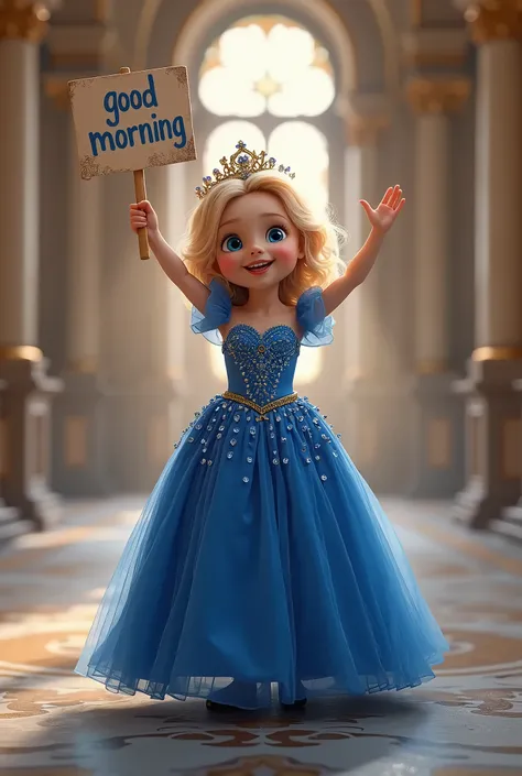 A cinematic-style scene of a blonde princess with blue eyes, around 2, wearing a royal blue gown adorned with sapphires. She has a gold crown on her head and high heels. The princess is holding up a sign with the message Good morning written on it. The bac...