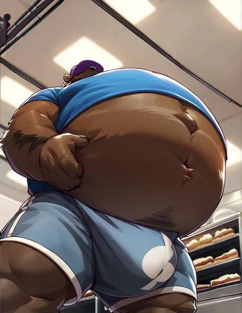 nsfw, anthro daddy bear, male, brown fur color, beard, purple cap covering eyes, inflating, hyper belly, hyper bulge, background...