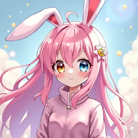 Pink hair , left eye orange , right eye blue , bunny ears , pink outfit  , 2 , very long hair , cute smile