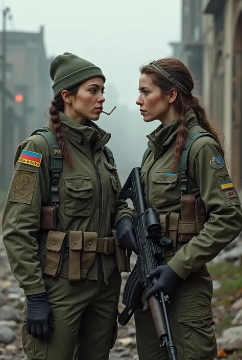 Highest quality, two  Ukrainian female snipers , 24 yo Ukrainian battle hardened beautiful girls standing next to one another. one is a sniper specialist holding a  sniper rifle and smoking a cigarette in a relaxed Remington Model 700 rifle, M24 being the ...