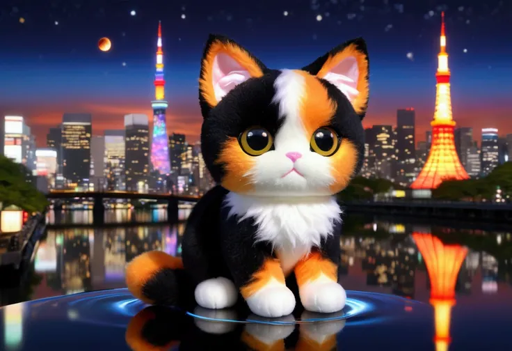 3D chibi soft and fluffy Pixie Kitty stuffed toy calico cat, Cat Angel、(Floating above the colorful Tokyo nightscape)、Reflection and refraction、((black hole ripples))、Fire Particles、Caustic、by Bonnie Hetherington Robson Style, 8k、Photorealistic、Professiona...