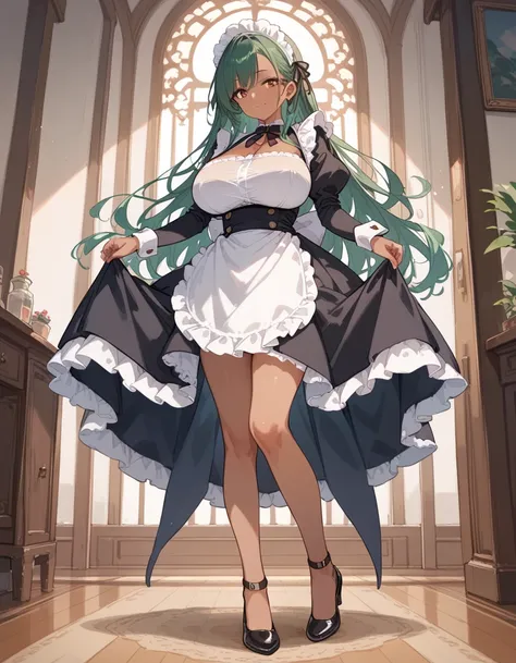 score_9, score_8_up, score_7_up, source_anime, beautiful, full body, solo, Perfect Eyes, Perfect Face, Perfect lighting, 1 girl, , (tiny height:1.3), Long Hair, Maid clothes, (Brown Skin:1.3) ,Green Hair, huge Breasts, disproportionate breasts, Sexy smile,