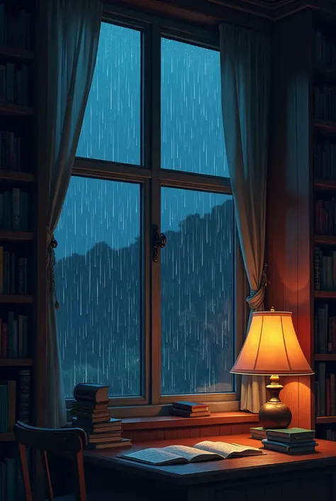 I want to create a GIF of the fantastic rainy scenery seen from a library at night.、Create two identical illustrations, each with a different rain movement.。