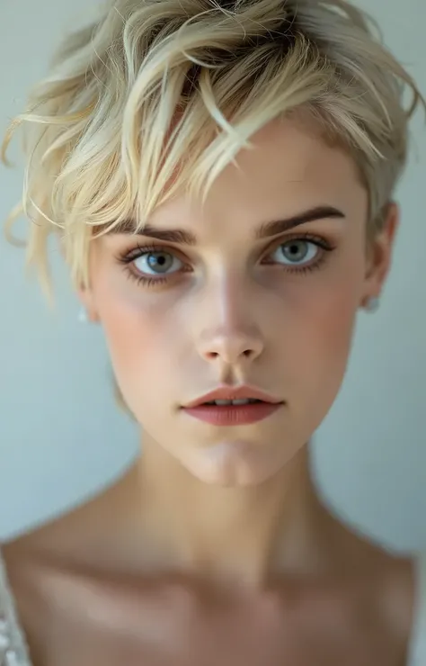 a close up of a woman with a very Short blonde hair, Irina Nordsol-Kuzmina, Short blonde hair, blonde Short Hair, Short blonde, Pixie Cut, Short Hair, Fairy Haircut, natural Short Hair, with Short Hair, Emma Andiewska, Fairy Hair, Short Haircut, very Short...