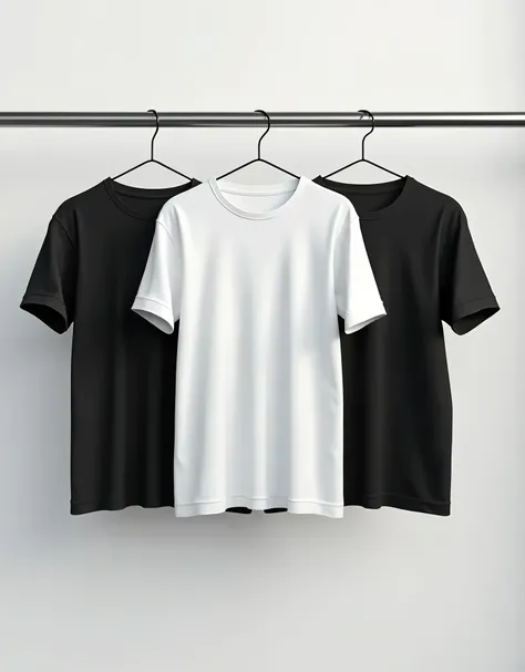 2 black and 1 white t-shirts hanging on a hanger and are visible completely without tags
