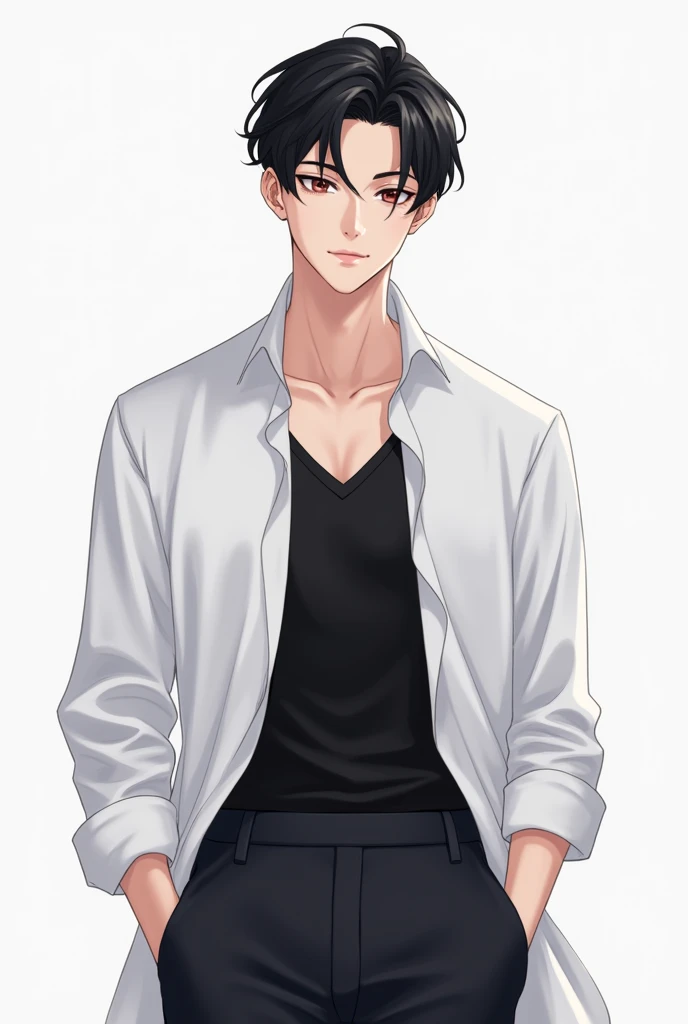 Anime images, 4K,man,Age 30,Black hair,Wear a white shirt,Black inner shirt,Handsome Korean face,Hands, feet, chin,