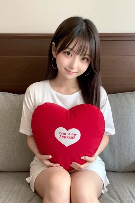 Japanese beautiful girl、Holding a big heart-shaped cushion、Red heart shaped cushion