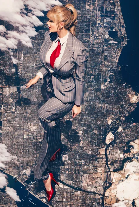 Young woman, giga giantess in distance walking on through city, multiple women with beautiful curves, massive thighs, blonde hair, lipstick, wearing a perfect form-fitting loght grey pinstripe trouser suit and blazer, crisp white shirt, and a large blade w...