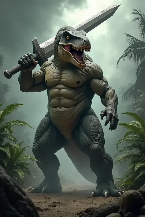 Make a bodybuilder dinosaur angry and our hand sword 