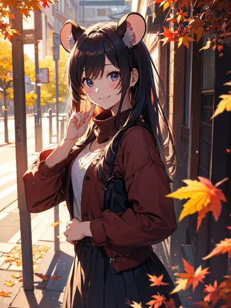 High resolution, masterpiece, Heart shaped hands、autumn、evening、Anime Girls、Mouse Ears、smile