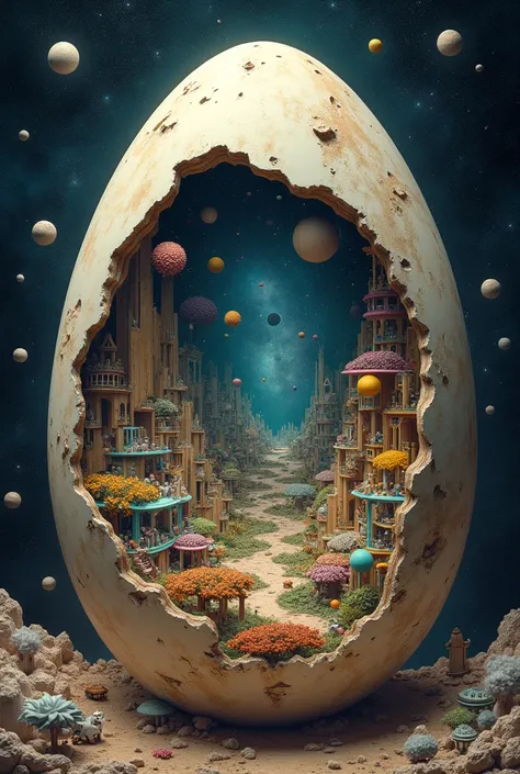 The universe in an egg，Multidimensional World，Humorous atmosphere，Detailed and careful depiction，Craftsmanship，High definition．