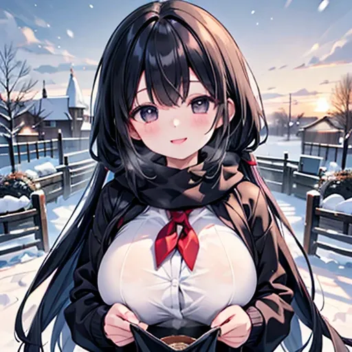 With a girl、1 person、1、Black Hair、Black Eyes、Hair length、smile、huge smile、Very large breasts、School、、cardigan、snow、Winters、Coat、muffler、Landscape images、garden