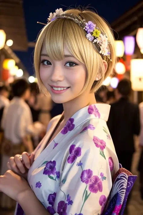 Blonde、Shortcuts、Transgender、Iris、alone、smile、woman、Japanese、Thin、Short hair、Yukata、Night Festival、Hair accessories、