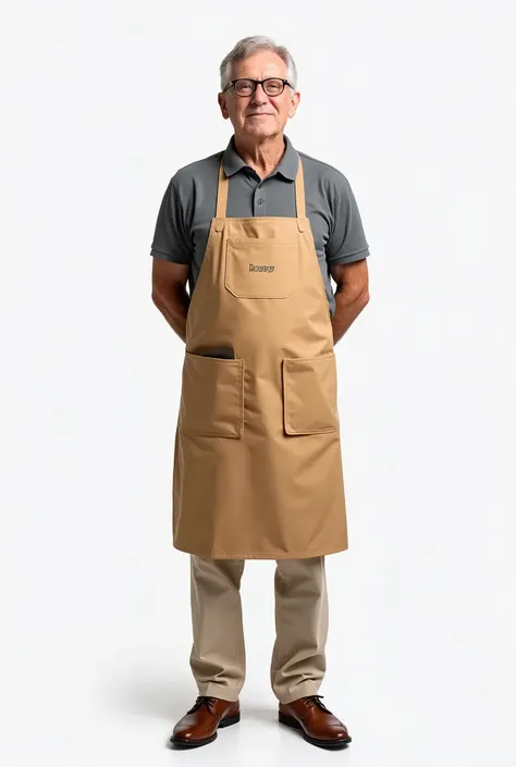 Studio portrait of an older man standing against a plain white background. He has light olive skin, short grey hair, and is wearing glasses. He is dressed in a grey polo shirt, beige chinos, and brown leather shoes. Over his outfit, he has a tan apron with...