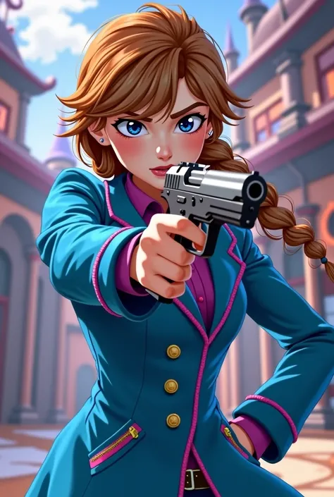 From Disney Princess Anna Brown Hair With Gun Fight Naughty My Bad Blue Coat Pink Zipper In Infinity Anime Style 