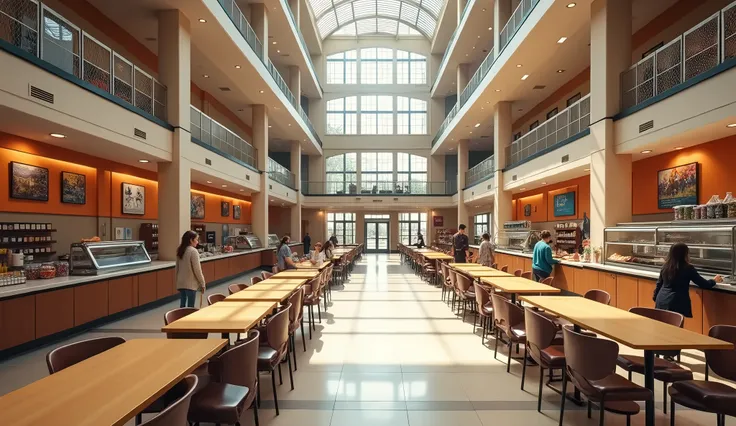 wide inside of American themed university school cafeteria, without students, true to life, exterior and interior designs, realistic 