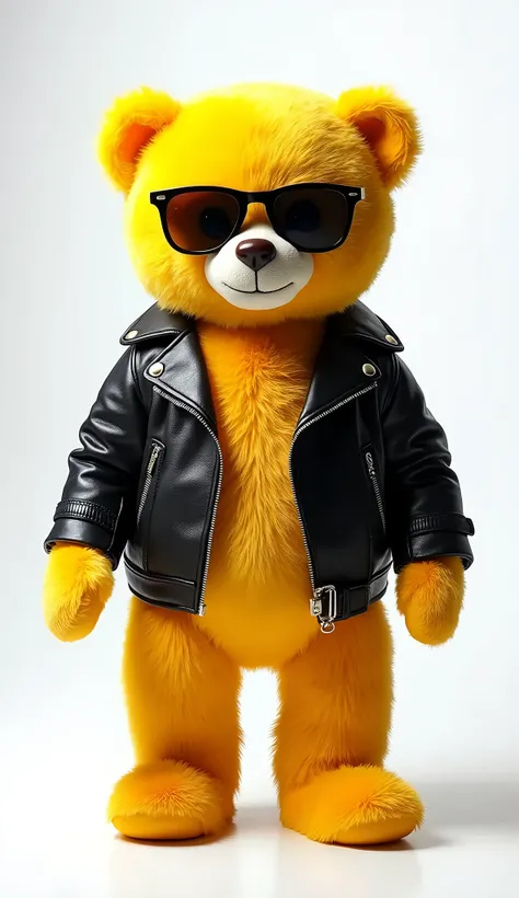 White background, Award-winning wallpaper portrait photography, Yellow teddy bear,whole body,sunglasses、Super detailed、Leather jacket