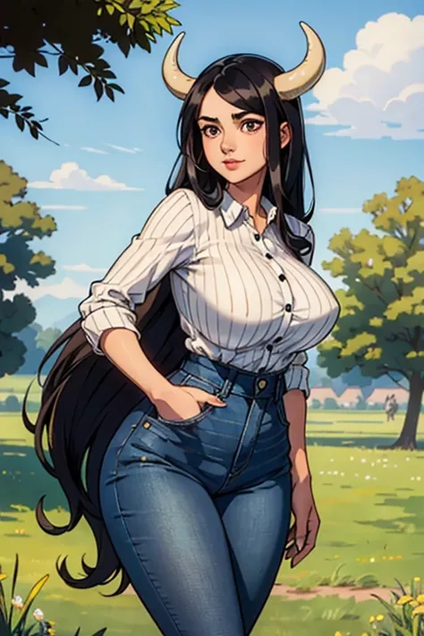 A voluptuous cow girl with long black hair, thin long horns, brown eyes, thin lips, a round face, wearing tight denim jeans, a striped shirt, large bust, wide hips, in a pasture full of cattle