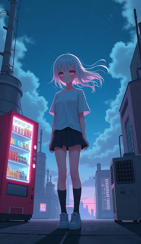 masterpiece, Best Quality, High resolution, Very detailed,(((Cute girl with white hair falling))), (((Japanese Anime))), (((White T-shirt))), (((mini skirt))), (((Vending Machine))), (((night))), (((factory))), (((pipe))), (((Cyberpunk))), (((Neon Light)))...