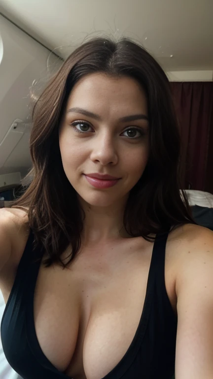 photorealistic, frontal camera selfie, first plane shot, (detailed face: 1.2, homemade photo), gorgeous Scarlett Johanson with big tits taking a selfie in her bedroom, medium long hair, wearing a black top, sexy woman, big chest, big tits, detailed face, i...