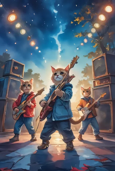 Cute cat rock band, Cute cats playing musical instruments, Electric Guitar, bass, drum, Energetic performance, Little paws pluck the strings, Fluffy fur, Colorful stage lights, Lively atmosphere, Playful expression, Punk rock style, Spiked collar, Bright c...