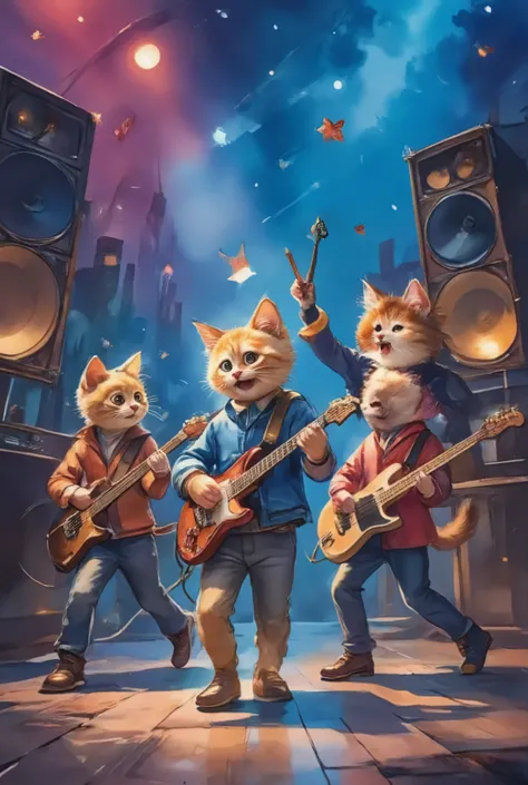 Cute cat rock band, Cute cats playing musical instruments, Electric Guitar, bass, drum, Energetic performance, Little paws pluck the strings, Fluffy fur, Colorful stage lights, Lively atmosphere, Playful expression, Punk rock style, Spiked collar, Bright c...