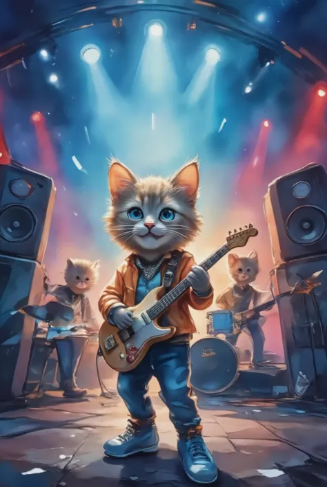 Cute cat rock band, Cute cats playing musical instruments, Electric Guitar, bass, drum, Energetic performance, Little paws pluck the strings, Fluffy fur, Colorful stage lights, Lively atmosphere, Playful expression, Punk rock style, Spiked collar, Bright c...
