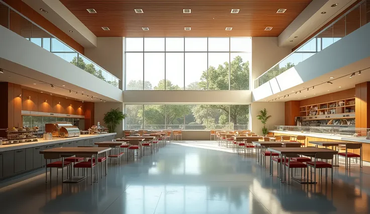 wide inside of an american themed university school cafeteria, without students, realistic, elegant interior and exterior, with many stalls, with many seats