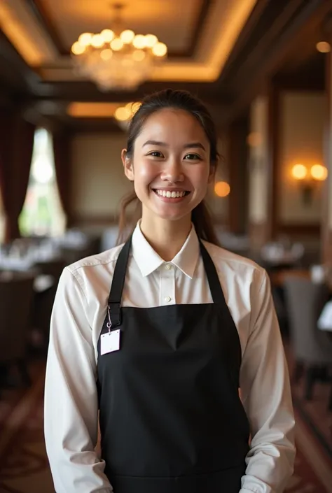 The waiter of the restaurant is smiling