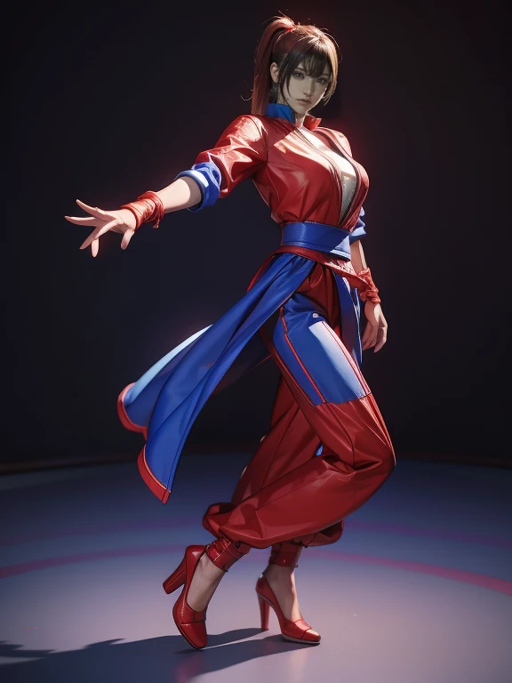 A woman in her fifties wearing red and blue clothes is posing, Fighting game characters, 3d rendering character art 8k, Asuka, As a Tekken character, King of Fighters characters, Fighter Pose, Mirabelle Madrigal&#39;s rendering, Combat pose, 3D Character A...