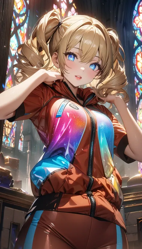 Red lips、blue eyes、glowing eyes、blonde、Drill Hair、anime、Russet-coloured sportswear with glitter、Russet-coloured sportswear with glitterのズボン、Hands up、High resolution, masterpiece, 最high quality, High detail, High-resolution model, high quality, Very detaile...