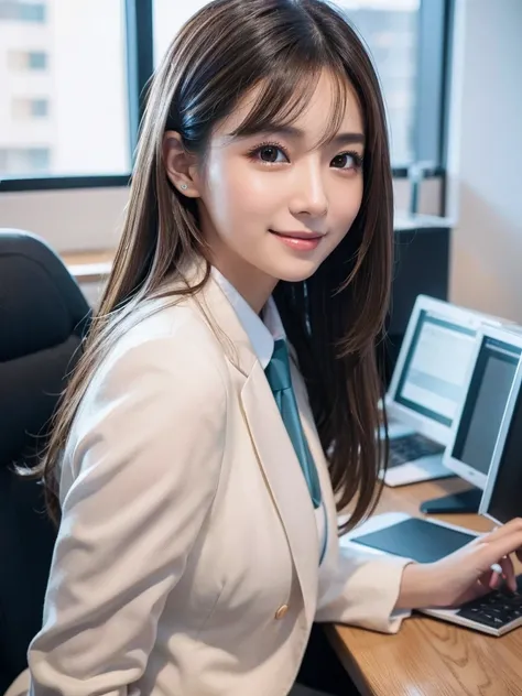 8k, High resolution, Very detailed, One Girl,Age 25, smile, Very cute eyes, Very accurate description, Artistic、Very detailed depiction,  Office ,  work,whole body,Friendly,Brown Hair, (Glowing Skin), Marunouchi Office Lady,Flat Body,slim,Cute Face,Beautif...