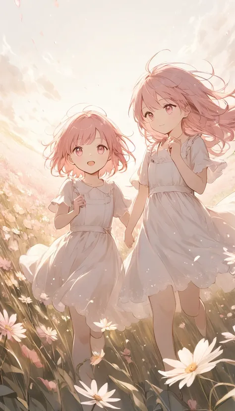 ((The subtle lines and soft colors create a dreamy effect.., A fleeting impression..)),sepia,Children exploring a cosmos field,,Pink Hair,Pink Eyes,Pink dress,