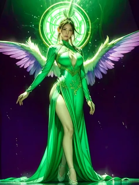 Full Body Shot, Very detailed, The colours of the costume were inspired by swans.、8k, Actual Photos, impressive lighting, Dynamic action poses, Great energy effect, Purple and green color palette, Simple costume design, Advanced Technology, Heroic and powe...