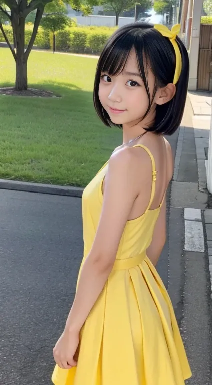 Junior high school girl、Japanese、Small breasts、Small Ass、Natural Face、Black Hair、Short Bob、Slender body、library、Yellow nice dress、White headband、Looking into the distance、Wink、Open your hands