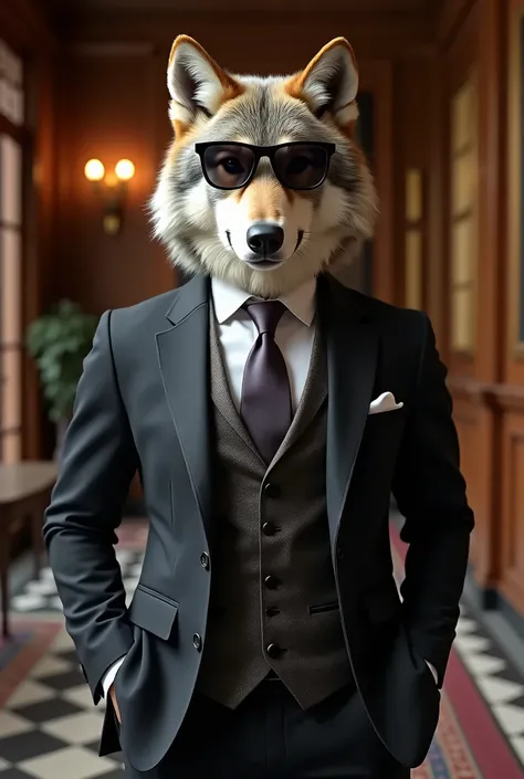 I want a picture of a wolf wearing very elegant clothes and sunglasses, and the picture should be of very high quality 
