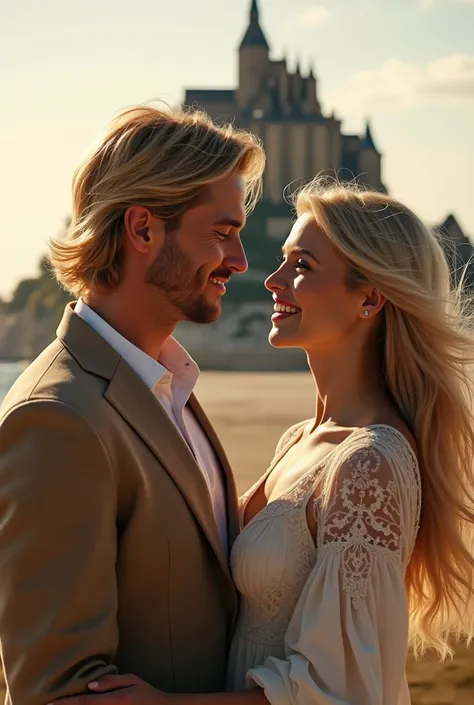 (masterpiece、high quality、High resolution、detailed、８k）、In the Mont Saint-Michel in France、Beautiful man and woman couple（Beautiful golden hair、Beautiful Eyes、Beautiful Faces、Stylish、detailed）、Shoulder to shoulder、While looking at each other、Smiling。The win...